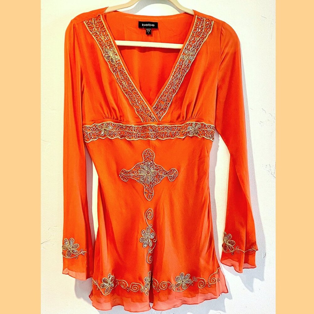 Bebe Orange Silk and Gold Embroidery Top